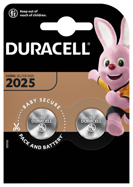 Batterij Duracell knoopcel 2xCR2025 lithium Ø20mm 3V-170mAh (413603)
