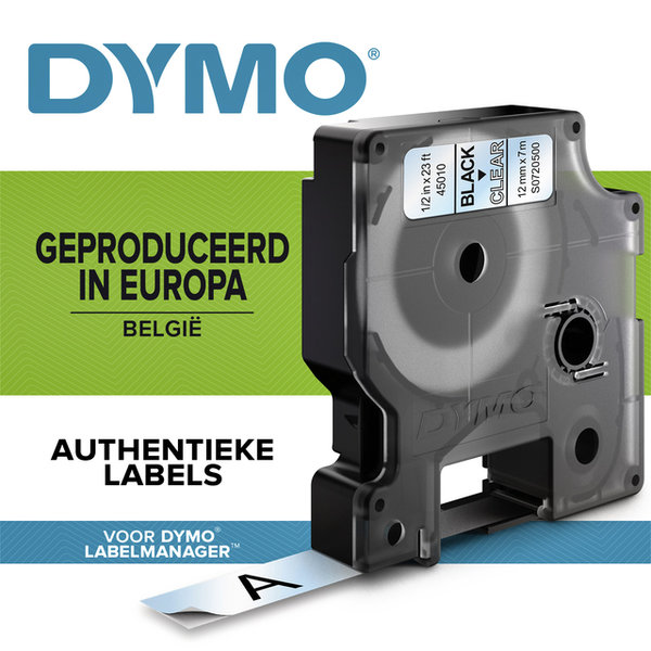 Labeltape Dymo 45010 D1 720500 12mmx7m zwart op transparant (930215)